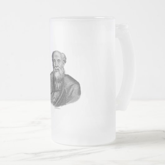 古代ギリシャ哲学者デモクリトスのポートレート フロストグラスビールジョッキ (正面右)