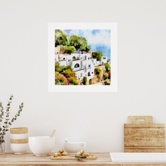 古代ギリシャ海辺の村の水色 ポスター (キッチン)