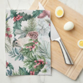 古代クリスマスの鳥と松の花柄 キッチンタオル (四つ折り)