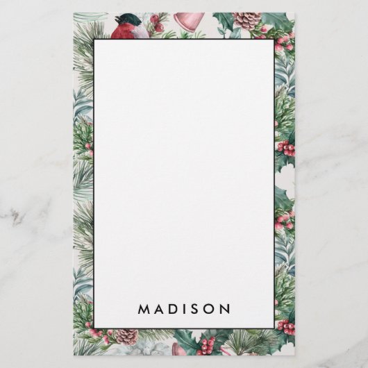 古代クリスマスの鳥と松の花柄 便箋 (正面)