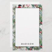 古代クリスマスの鳥と松の花柄 便箋 (正面/裏面)