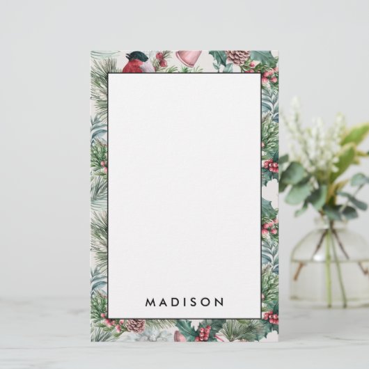 古代クリスマスの鳥と松の花柄 便箋 (スタンド正面)