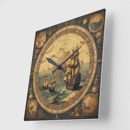 古代スペインの帆船2 スクエア壁時計 (傾斜)