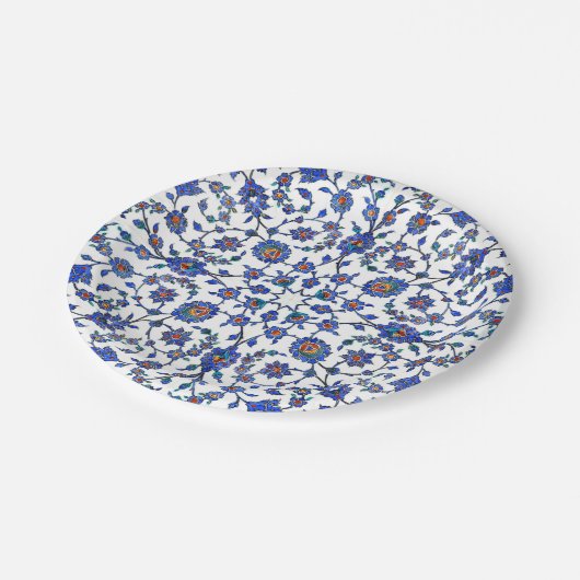 古代ハンドメイドの青いトルコの花柄のタイルパターン ペーパープレート (アングル)