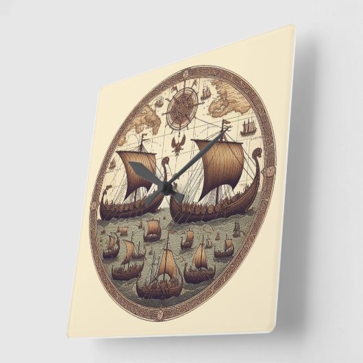 古代バイキング帆船3 スクエア壁時計 (傾斜)