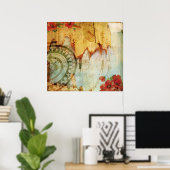 古代プリントコンパスとポピー ポスター (ホームオフィス)