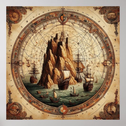 古代ポルトガルの船舶地図1 ポスター (正面)