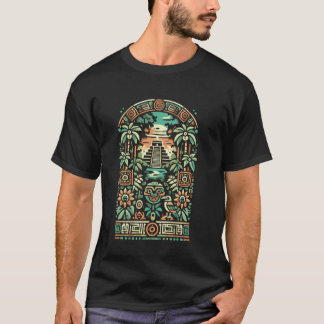 古代マヤ暦アステカピラミッド幾何学 Tシャツ