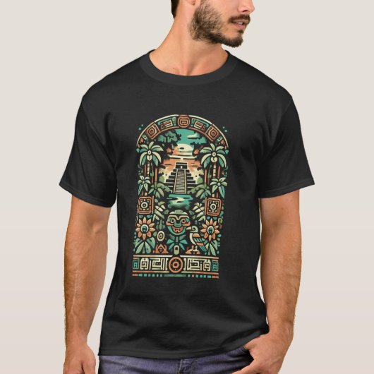 古代マヤ暦アステカピラミッド幾何学 Tシャツ (正面)