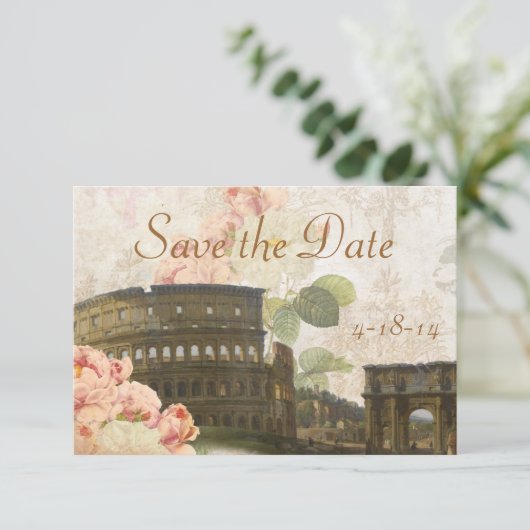 古代ローマのピンクのバラのヴィンテージの保存日付カード セーブザデート (スタンド正面)