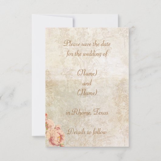 古代ローマのピンクのバラのヴィンテージの保存日付カード セーブザデート (裏面)