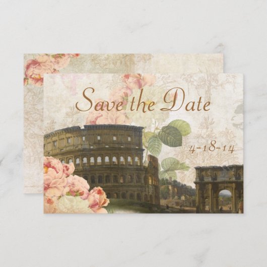古代ローマのピンクのバラのヴィンテージの保存日付カード セーブザデート (正面/裏面)