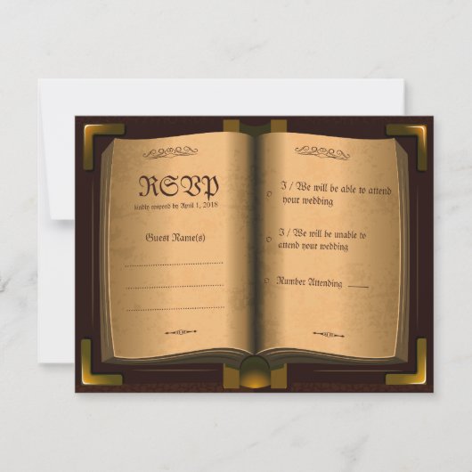 古代ヴィンテージの革本RSVPの結婚式の招待状 出欠カード (正面)