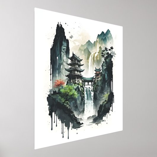 古代中国の水墨風景画と滝 箔ポスター (レイダウン)