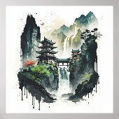 古代中国の水墨風景画と滝 箔ポスター (正面)