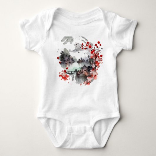 古代中国の館の絵画景観 ベビーボディスーツ (正面)