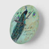 古代孔雀及びエッチングのパーソナライズな結婚式 ラウンド壁時計 (傾斜)