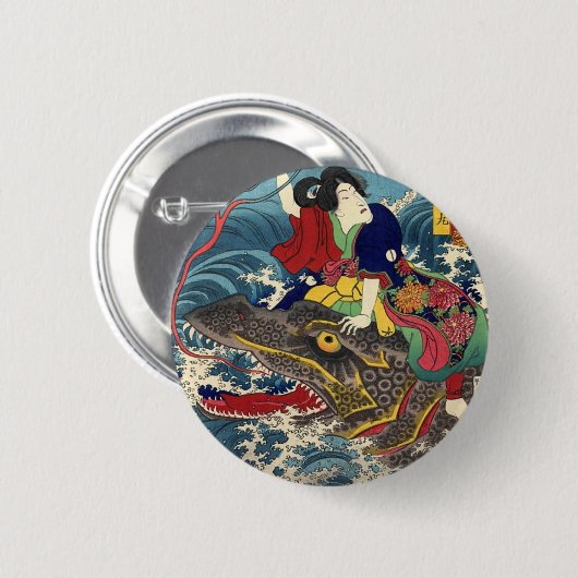 古代日本のな絵画、日本のな女性の乗馬。 缶バッジ (正面&裏面)