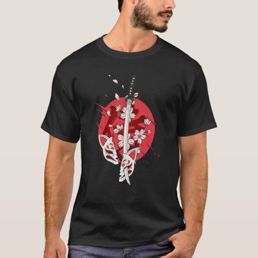 古代日本のサムライ 刀 桜 Tシャツ (正面)