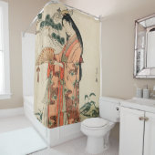 古代日本の木材スケッチと女性 シャワーカーテン (インサイチュ)