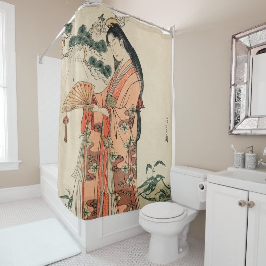 古代日本の木材スケッチと女性 シャワーカーテン (インサイチュ)