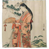 古代日本の木材スケッチと女性 シャワーカーテン (正面)