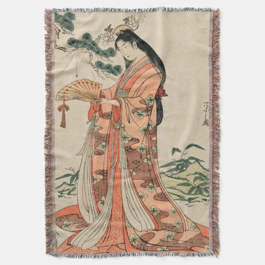 古代日本の木材スケッチと女性 スローブランケット (正面縦)