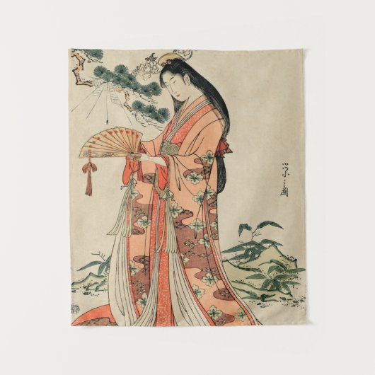 古代日本の木材スケッチと女性 タペストリー (正面)