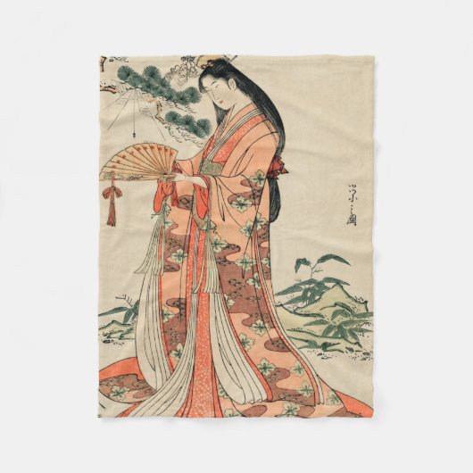 古代日本の木材スケッチと女性 フリースブランケット (正面)