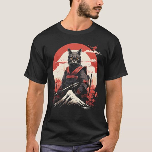 古代日本戦士忍者キャットサムライ子猫 Tシャツ (正面)