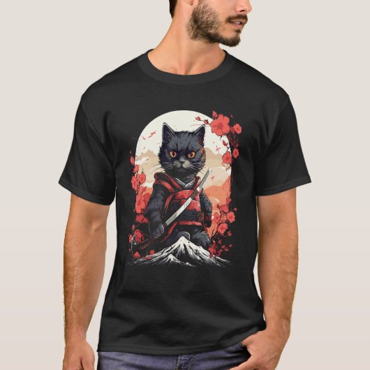 古代日本 戦士 忍者 猫 サムライ キティ Tシャツ (正面)