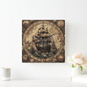 古代海賊帆走船1 スクエア壁時計 (ホーム)