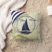 古代航海の地図/帆船/シルエット/ネイビーブルー クッション (ブランケット)