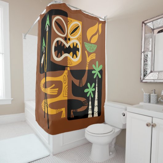 古代部族の儀式: 火と槍を持つ男 シャワーカーテン (インサイチュ)