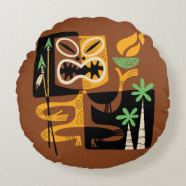 古代部族の儀式: 火と槍を持つ男 ラウンドクッション