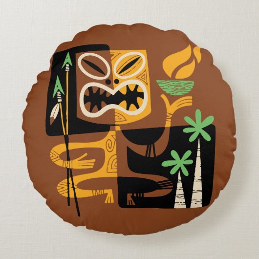 古代部族の儀式: 火と槍を持つ男 ラウンドクッション (正面)