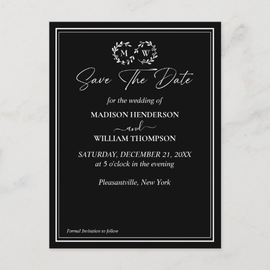 古典的な白黒の結婚式の日付を保存 ポストカード (正面)