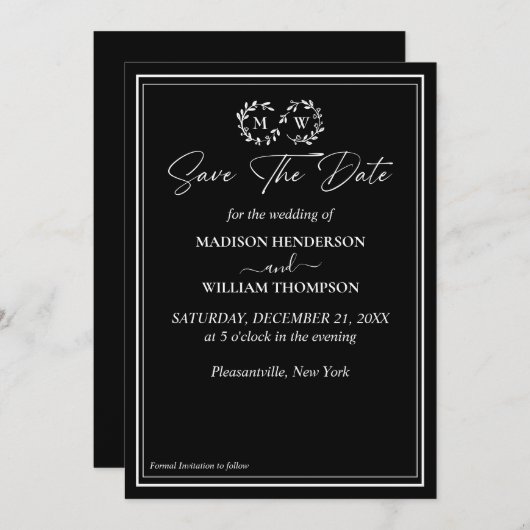 古典的な白黒の結婚式の日付を保存 招待状 (正面/裏面)