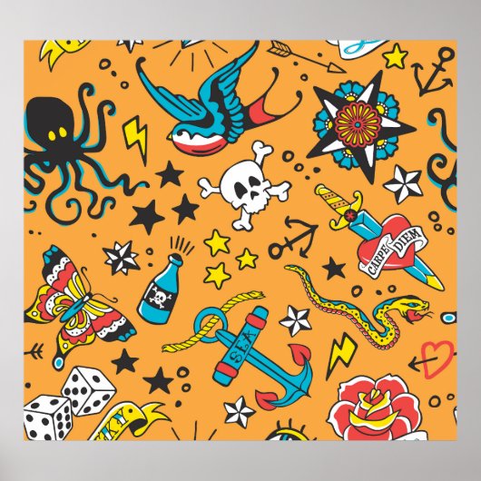 古学校の入れ墨：かわいいシームレス ポスター (正面)