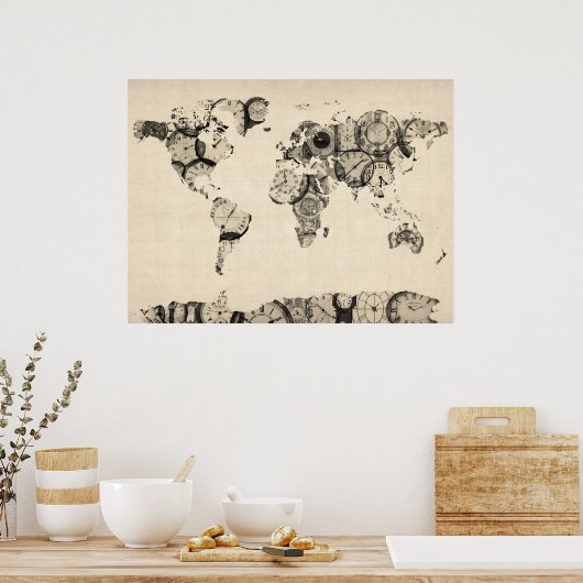 古時計からの世界地図 ポスター (キッチン)