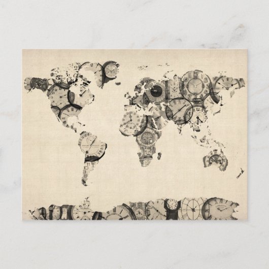 古時計からの世界地図 ポストカード (正面)