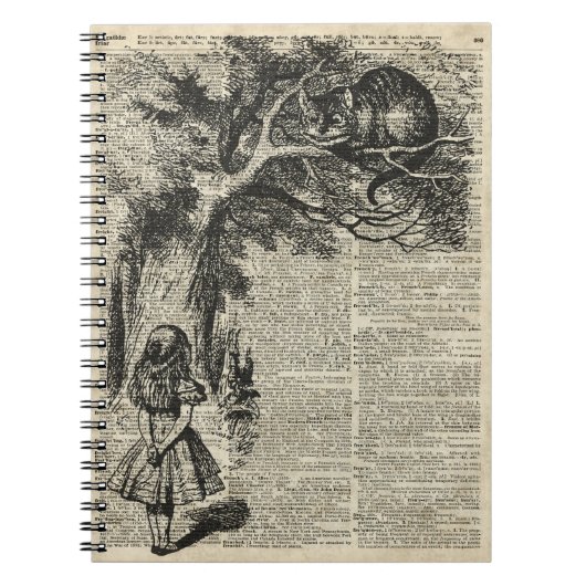 古書のページのアリスおよびチェシャーのステンシル芸術 ノートブック (正面)