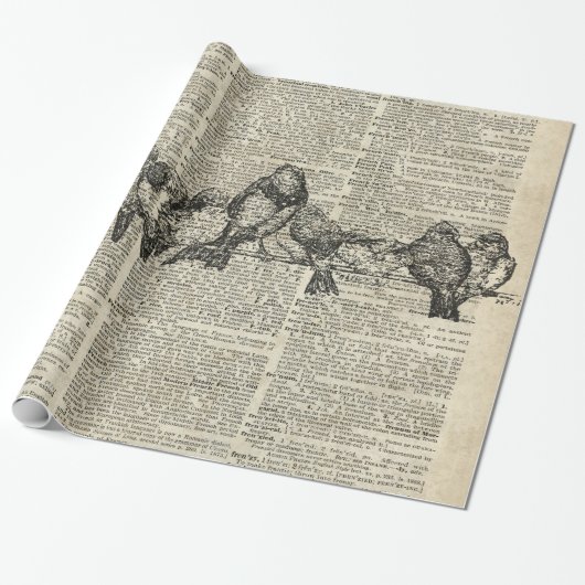 古書のページ上の枝ヴィンテージのステンシルの鳥 ラッピングペーパー (アンロールド)