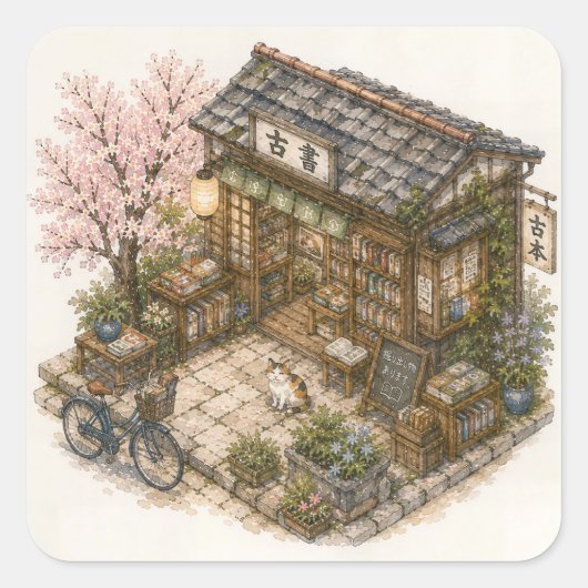 古本屋の水彩画 スクエアシール (正面)