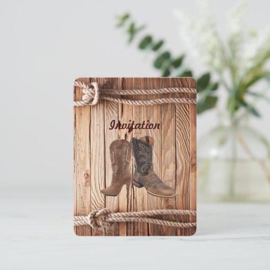 古材の木製のカウボーイ・ブーツ　ウェスタンカントリーウェディング 招待状 (スタンド正面)