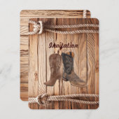 古材の木製のカウボーイ・ブーツ　ウェスタンカントリーウェディング 招待状 (正面/裏面)