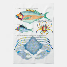 古紙に描かれた魚と蟹 キッチンタオル