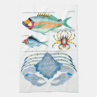 古紙に描かれた魚と蟹 キッチンタオル