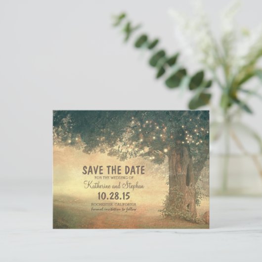 古素朴いツリーと文字列のライトは日付を保存 案内ポストカード (スタンド正面)