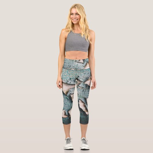 古素朴色の青緑の剥絵を描木 カプリレギンス (正面)